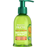 Garnier Fructis Sleek & Shine serum bottle close-up for frizz control