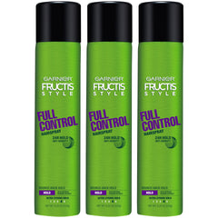 Botella de Garnier Fructis Style Full Control, laca para cabello con fijación duradera y protección antihumedad.