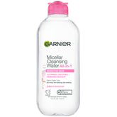 Garnier Micellar Water bottle close-up highlighting the hydrating formula for sensitive skin.