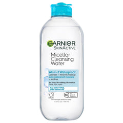 Garnier Micellar Water bottle front, all-in-one cleanser for makeup removal.