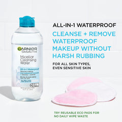 Garnier Micellar Water on a cotton pad, gentle cleansing with no rinsing required.