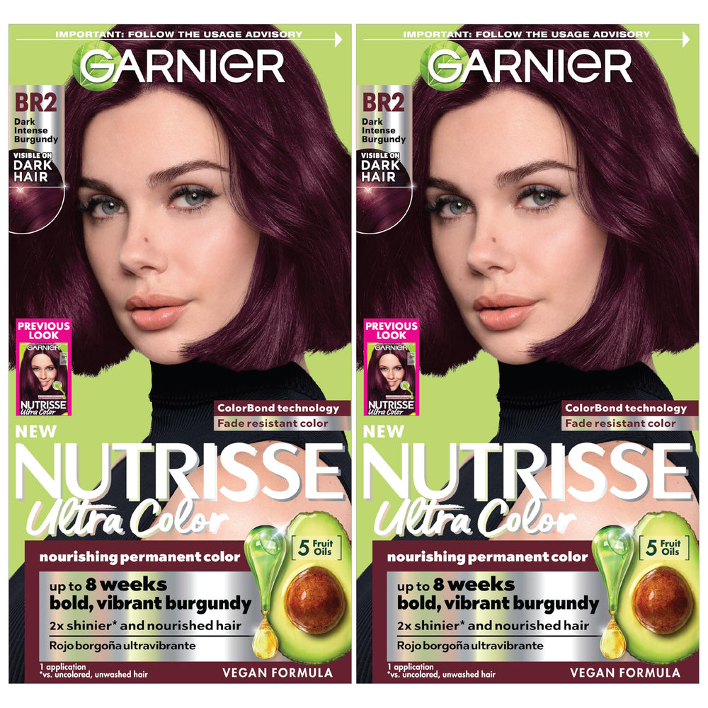 Garnier Nutrisse BR2 Burgundy packaging showing Passion Fruit shade for rich burgundy.