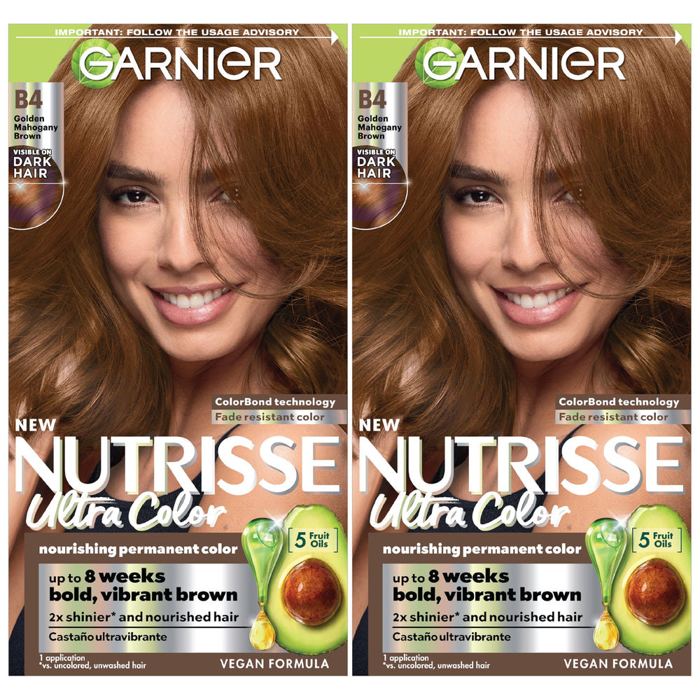 Garnier Nutrisse Ultra Color B4 packaging shows rich caramel mahogany shade