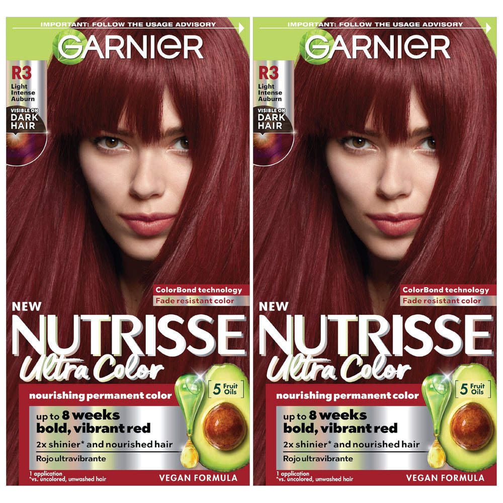 Garnier Nutrisse Ultra Color R3 bottle displaying warm light intense auburn shade for lasting color.