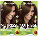 Garnier Nutrisse Ultra Creme box and gloves for at-home dye convenience.