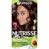 Garnier Nutrisse Ultra Creme color kit close-up with oil ampoule for coverage.
