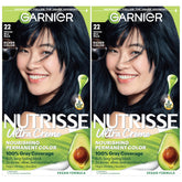 Garnier Nutrisse Ultra Creme colorant bottle in blue-black shade for vibrant, long-lasting color.