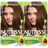 Garnier Nutrisse Ultra Creme color box in 53 Medium Golden Brown for long-lasting gray coverage