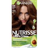 Garnier Nutrisse Ultra Creme hair color box front with shade options