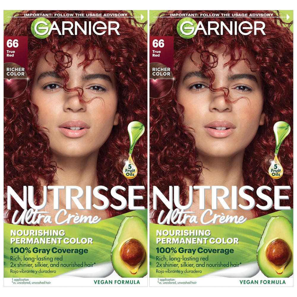 Garnier Nutrisse Ultra Creme bottle showcasing True Red color for bold, long-lasting shade.