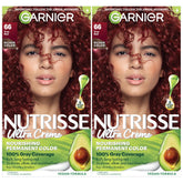 Garnier Nutrisse Ultra Creme bottle showcasing True Red color for bold, long-lasting shade.