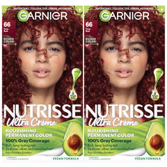 Garnier Nutrisse Ultra Creme bottle showcasing True Red color for bold, long-lasting shade.