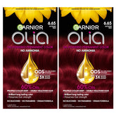 Garnier Olia 6.65 Intense Red bottle and colorant mix for bold, long-lasting shade