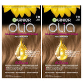 Garnier Olia 7.0 packaging shows the complete at-home dye kit for convenience.