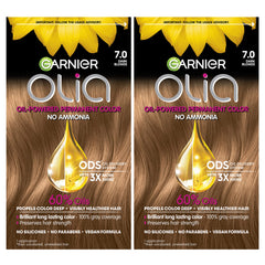 Garnier Olia 7.0 packaging shows the complete at-home dye kit for convenience.