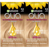 Garnier Olia 9.0 Light Blonde packaging shows ammonia-free, oil-rich color.