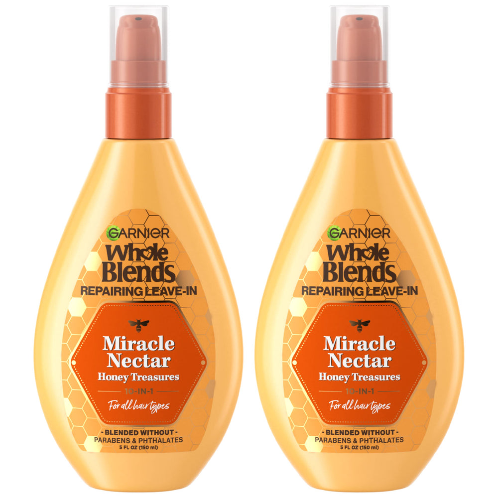 Garnier Whole Blends, botella vertiendo, cuidado nutritivo para cabello suave.