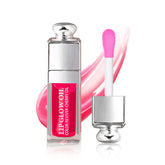GECOMO Lip Glow Oil Raspberry bottle closeup showing hydrated lips.
