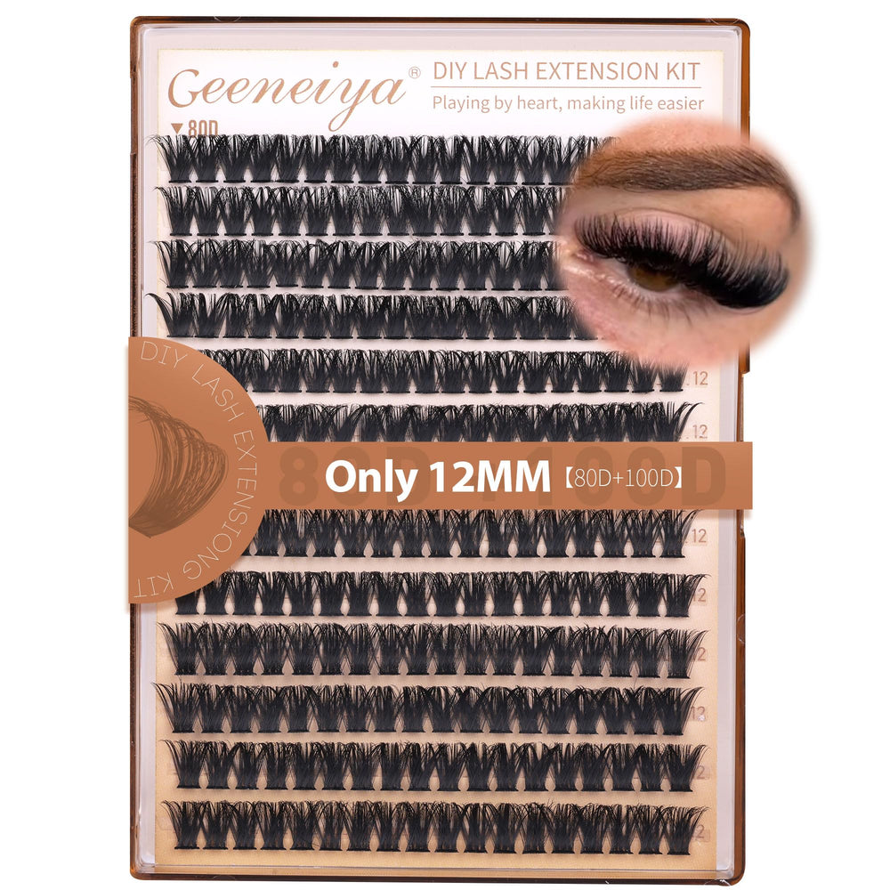 Geeneiya 12mm volume lash clusters in a D curl close-up showing natural wispy texture.