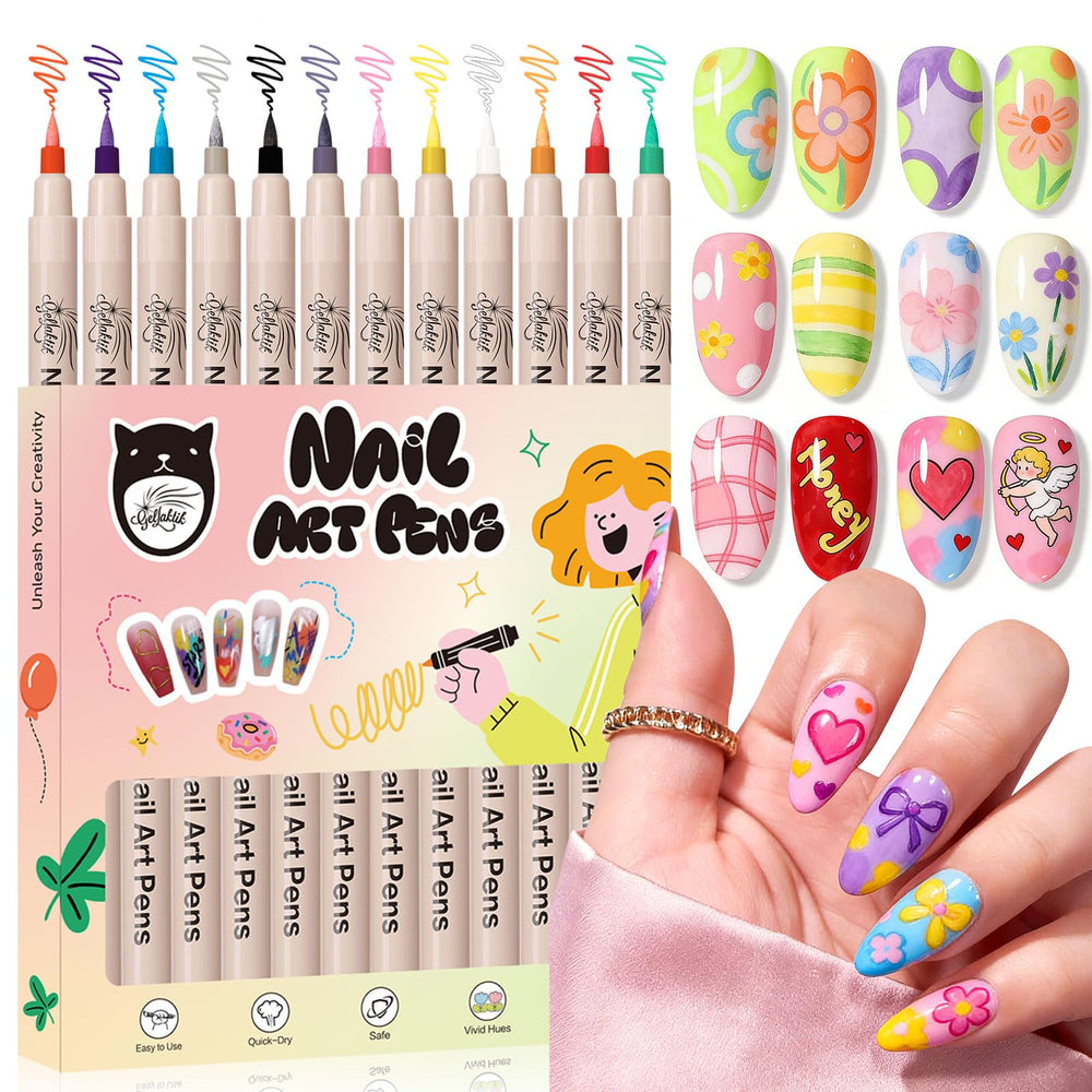 GELLKTIK 12-color nail art pen set on display showing vibrant DIY color options