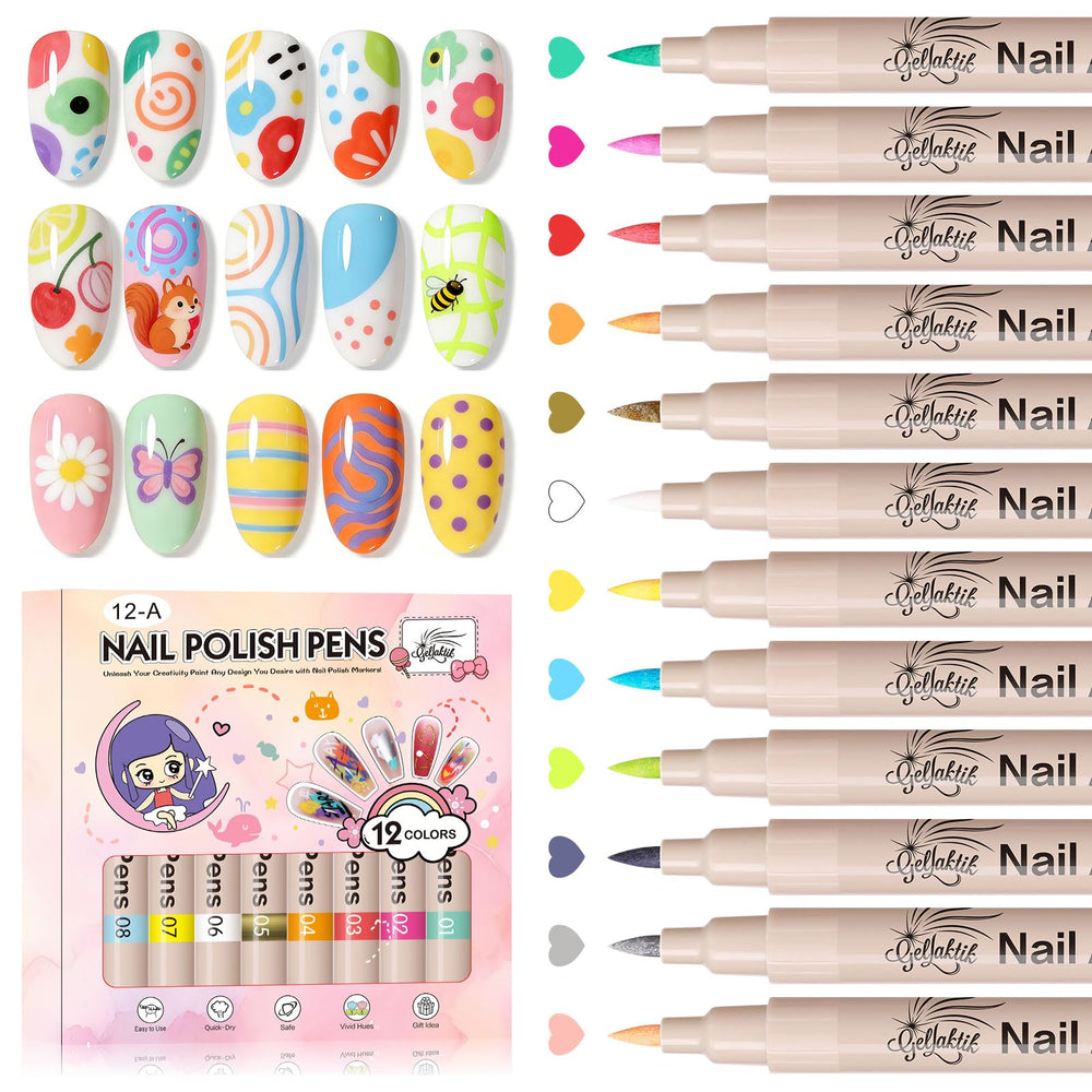 GELLAKTIK 12-color nail art pens set for vibrant DIY manicure