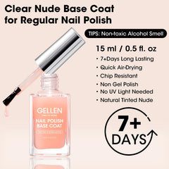 GELLEN Clear Nail Polish Base Coat Sheer Nude swatches show nude tint for subtle manicures.