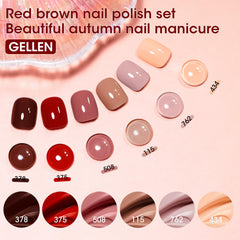 GELLEN esmalte marrón brillo en frascos, diseño elegante para uñas de invierno.