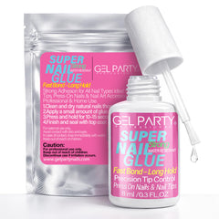 Gel PARTY: botella de 8 ml con pegamento de uñas y pincel para aplicación precisa.
