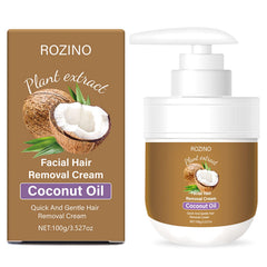Generic facial hair removal cream tube showing soothing coconut oil for gentle facial use.
