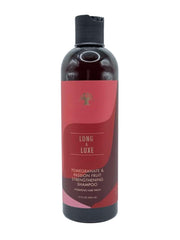 Generic Long and Luxe shampoo pomegranate infusion close-up highlights antioxidant scalp care.