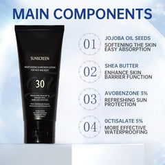 Genérico protector solar, enfoque ingredientes naturales con jojoba y manteca.