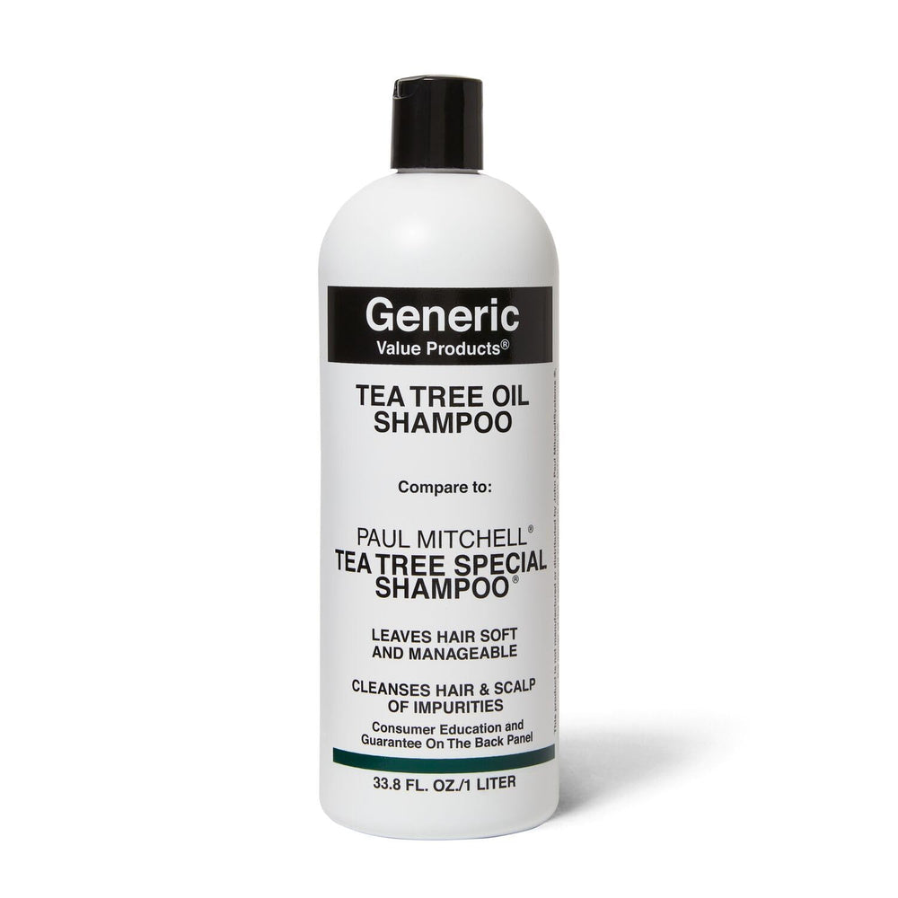 Generic Value Products Tea Tree Oil Shampoo bottle front showing vitality and refreshing scent.