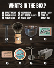 Gentleman Jon badger brush and stainless bowl, rich lather for a smooth shave.