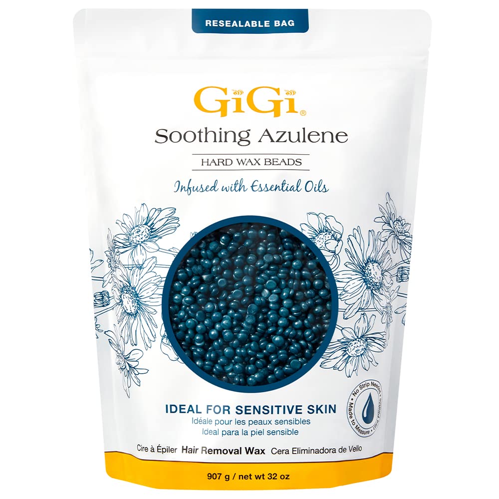 GIGI Azulene hard wax beads in jar for soothing waxing sessions.