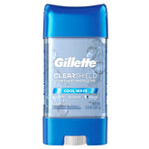 Gillette Advanced Clear Gel Cool Wave bottle on counter, quick-drying protection for daily wear.