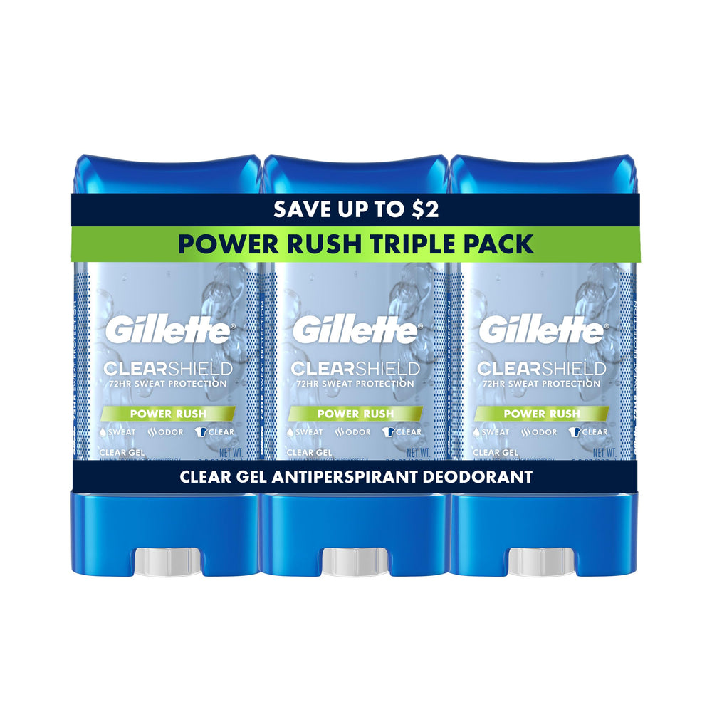 Gillette antitranspirante gel transparente Power Rush, botella visible con protección duradera.
