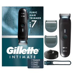 Gillette i7 Intimate trimmer with two combs for safer, even trims.