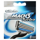 Gillette Mach 3 Turbo refill blades in an 8-count pack for a smooth shave