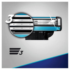 Gillette Mach3 blades 4-pack side view provides sharp blades for smooth shaves.