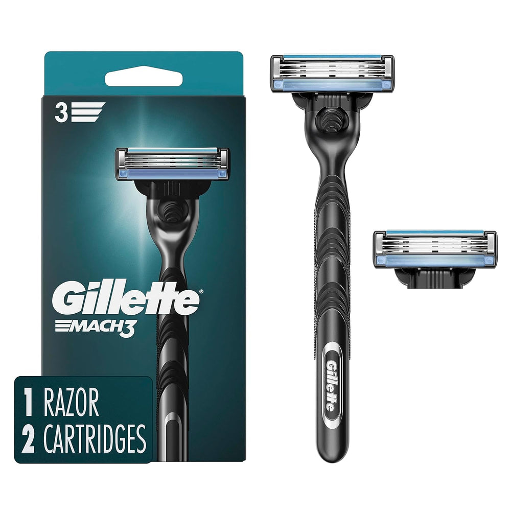 Gillette Mach3 handle close-up showing premium grip for precise shaving.