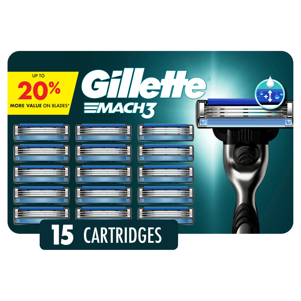 Gillette Mach3 razor blade refill pack showing three blades for a close shave.