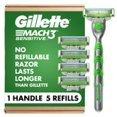Gillette Mach3 Sensitive razor handle shown for balanced control during shaving.