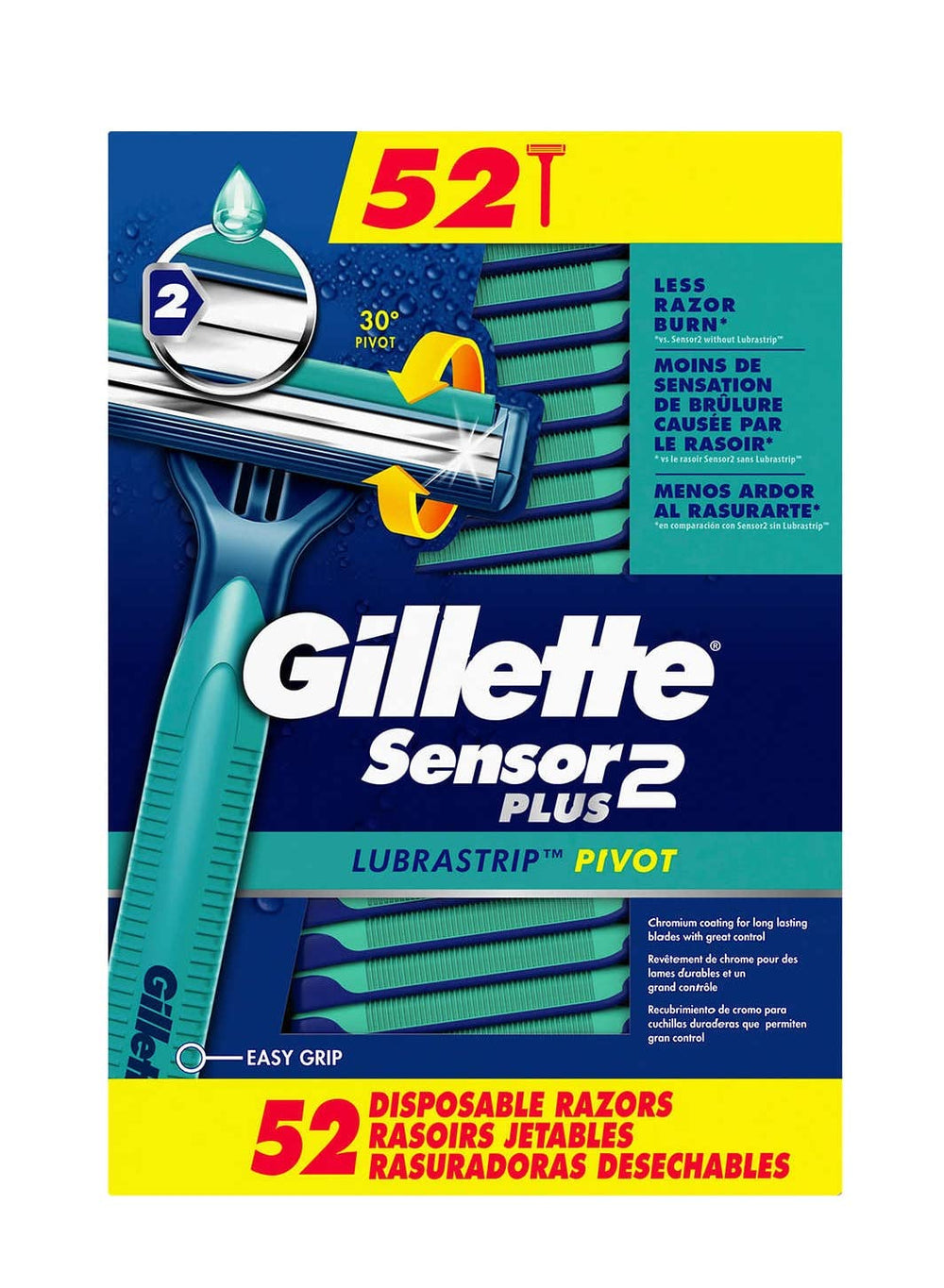 Gillette Sensor2 Plus box with 52 razors for all-week grooming.