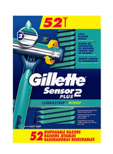 Gillette Sensor2 Plus box with 52 razors for all-week grooming.