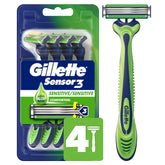 Gillette Sensor3 Sensitive razor pack front with four razors for easy replacement