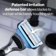 Gillette SkinGuard blade refill close-up shows blades and microfins for smoother prep.