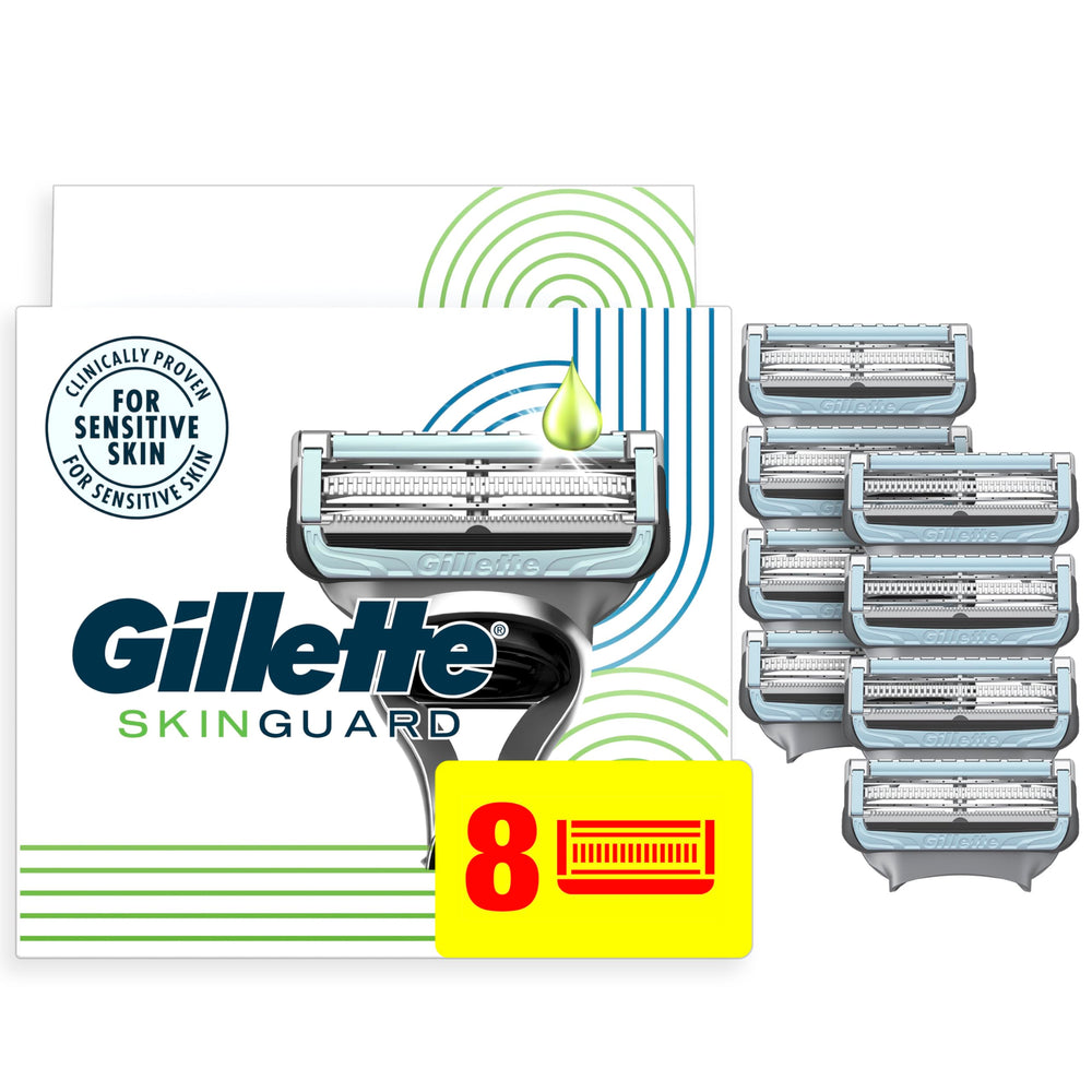Gillette SkinGuard blade refill packaging highlighting value and convenience for everyday shaves.