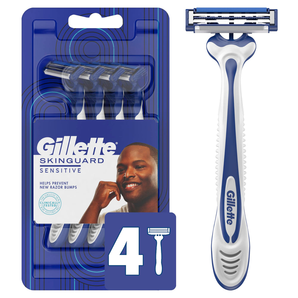 Gillette SkinGuard razor pack shot highlighting the four-pack for sensitive skin.