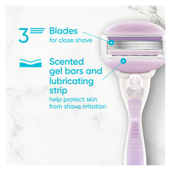 Venus ComfortGlide Freesia refills arranged for easy replacement and ongoing smooth shaving.