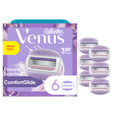 Gillette Venus ComfortGlide freesia refill pack image showing six refills for smooth shaves.